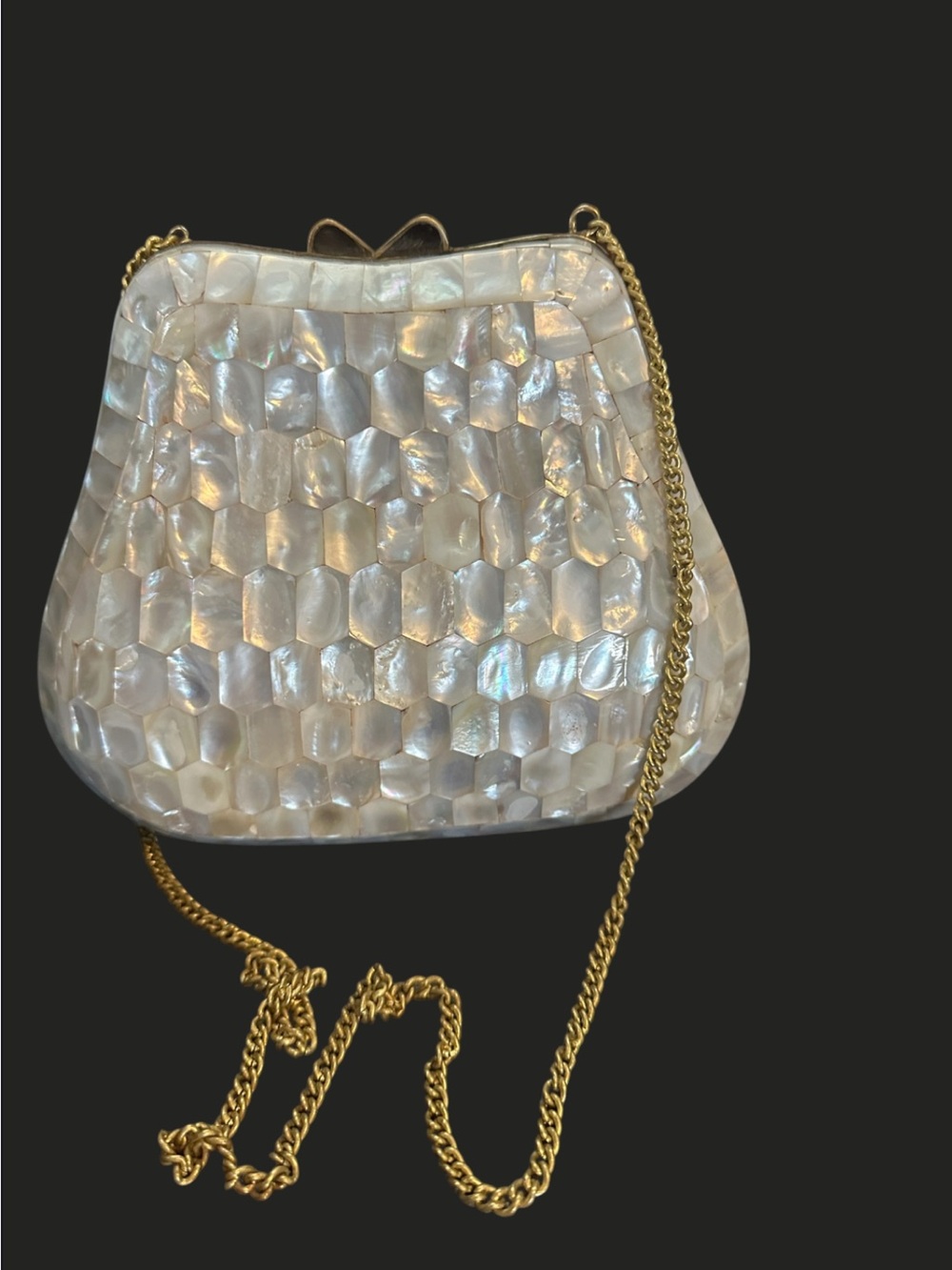 Vintage Pearlescent Shell Mosaic Clutch bag with Gold Chain